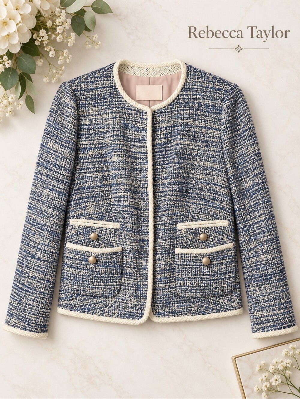 EUC Rebecca Taylor Designer Blue Cream Tweed Boucle Collarless Jacket Women's 6